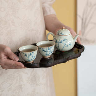 功夫茶具复古干泡台 手绘竹制干泡盘托盘家用壶承圆形小茶盘中式