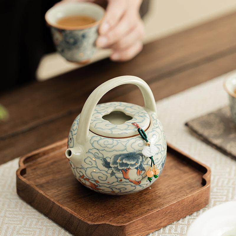 祥茶瑞兔福气提梁壶汝窑瓷茶壶过云滤壶家用泡单壶开陶片可855057
