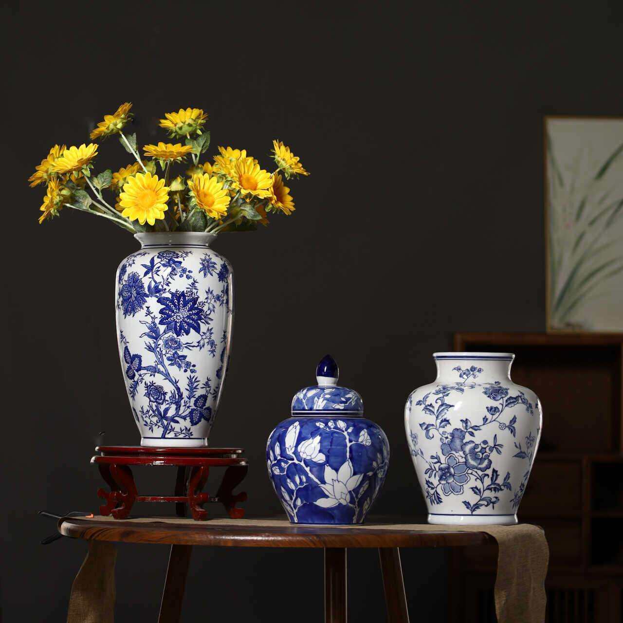 景德镇陶瓷青花瓷花瓶牡丹花瓶插干花瓶子工艺品客厅餐桌复古摆件