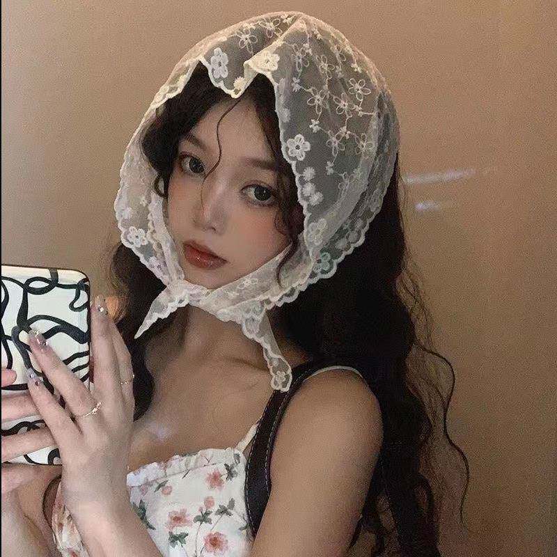 辣妹蕾丝钩花头巾复古三角巾发带少女绑发包头可爱甜美小领巾头饰