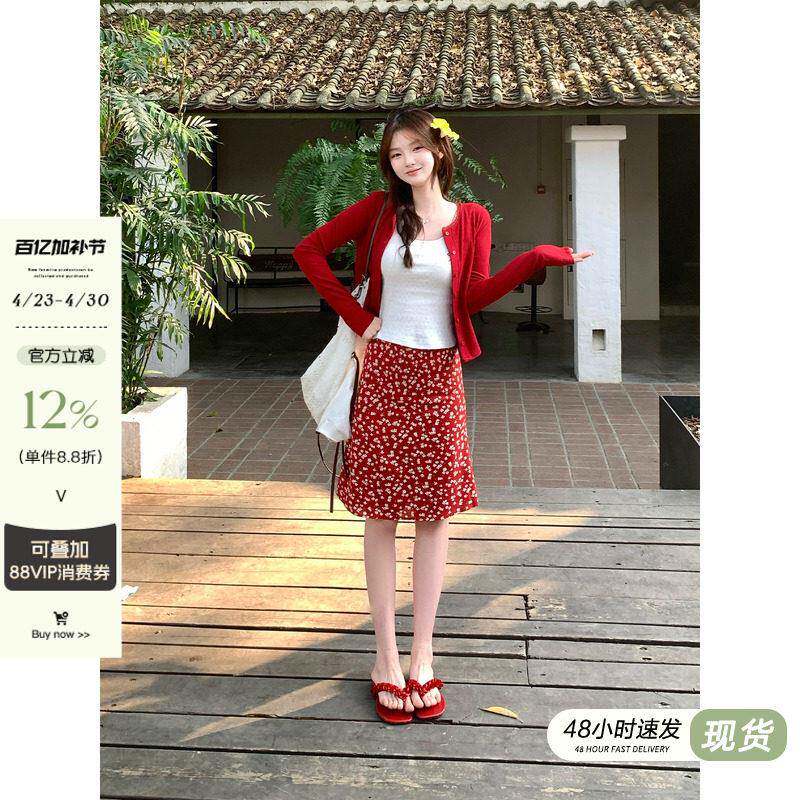 宋正恩法式红色碎花雪纺半身裙女夏季小个子高腰a字包臀辣妹中裙