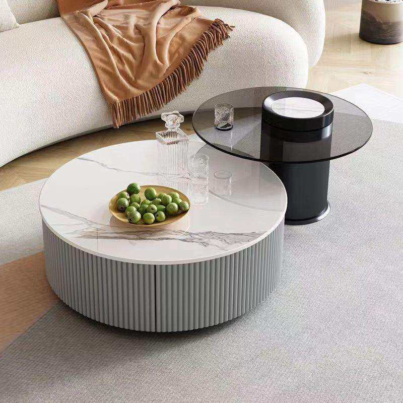 现代简约电视柜茶几组合轻奢奶油风岩板茶几桌大小圆钢化玻璃边几