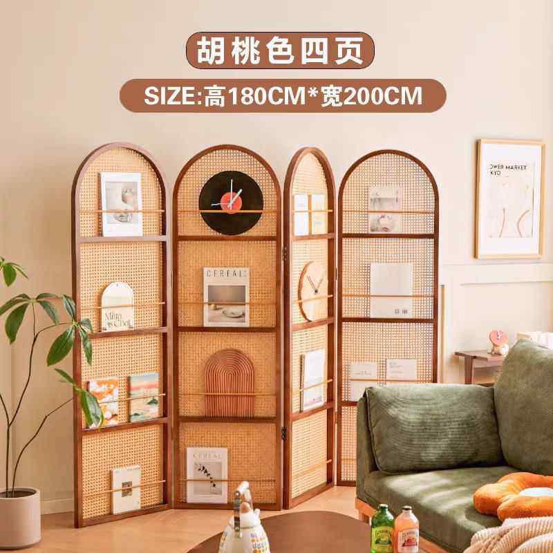 杂志书架折屏藤编屏风隔断客厅实木折叠可移动小户型遮挡入户民宿