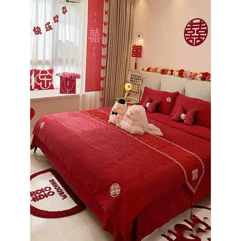 高档结婚红色四件套喜被套罩床单新婚庆喜嫁床上用品婚房陪嫁床单