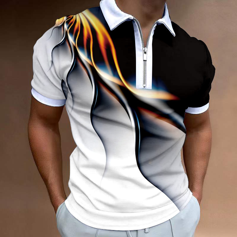 欧美新款男士短袖拉链Polo衫3D数码印花休闲运动短袖T恤厂家直销