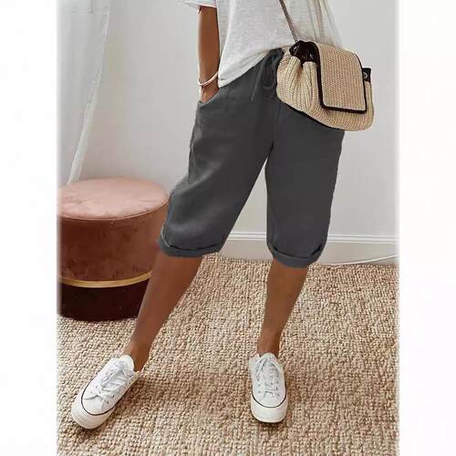Women's cotton and linen pocket elastic pants