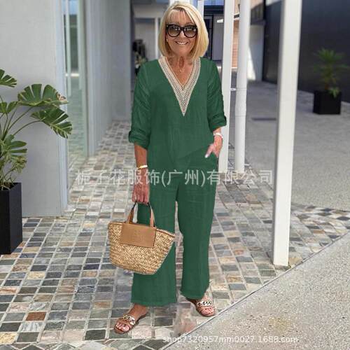 Long sleeved V-neck long sleeved plus size set for two