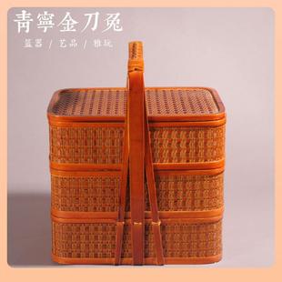 ?食盒提篮竹拜编F757T656子手提送餐篮三层拜用手竹工编织篮子古