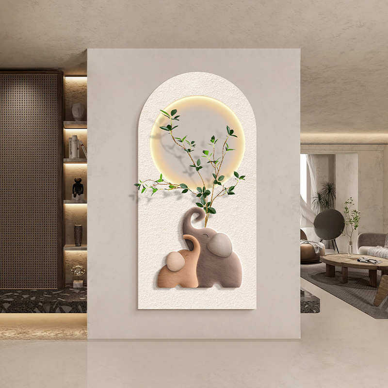 壁灯大象走廊过道砂岩客厅装饰画奶油2023立体新款拱形挂画玄关风