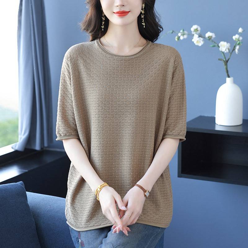 中年妈妈装夏季桑蚕丝短袖T恤女宽松加肥大码遮肚上衣中袖针织衫