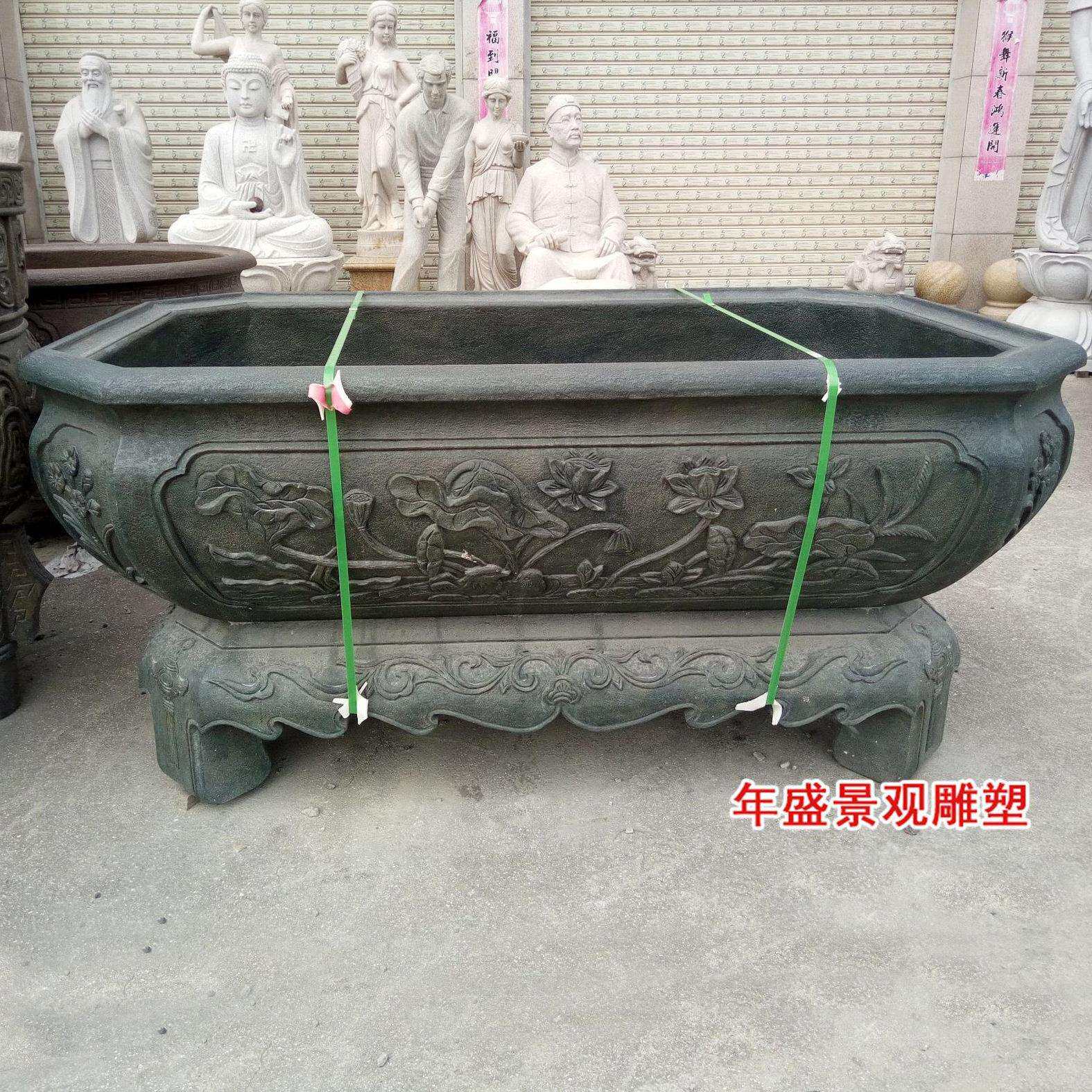 福建石雕仿古鱼缸厂家 荷花浮雕石槽 庭院园林雕刻养鱼池子水缸