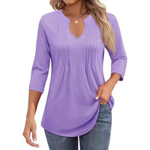 Womens 3 4 Sleeve Tops Casual Blouses V Neck Pleated Shirts