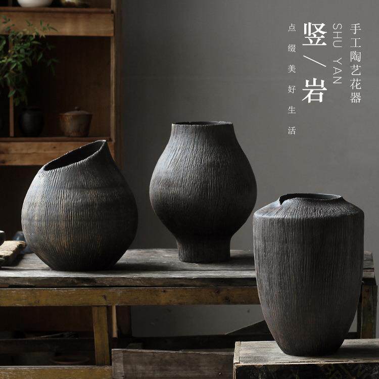 手工雕刻纹复古陶瓷台面花瓶禅意侘寂风陶罐摆件干花插花粗陶装饰