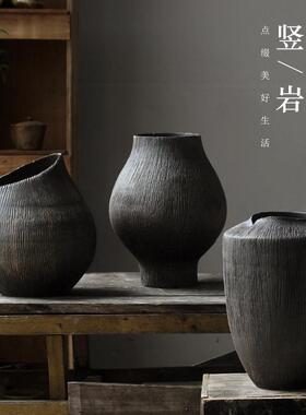 手工雕刻纹复古陶瓷台面花瓶禅意侘寂风陶罐摆件干花插花粗陶装饰