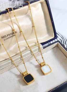 欧美简约时尚清新甜美潮流白海贝黑色亚克力吊坠夹珠钛钢项链