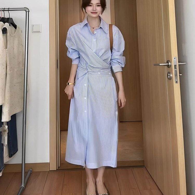 法国Rixo Kelly气质条纹洋装宽松显瘦收腰衬衫裙掐腰百搭长裙子