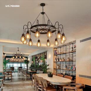古工业餐风主题餐厅创铁艺吊灯火复锅店烧烤店包sg23525厢圆桌饭