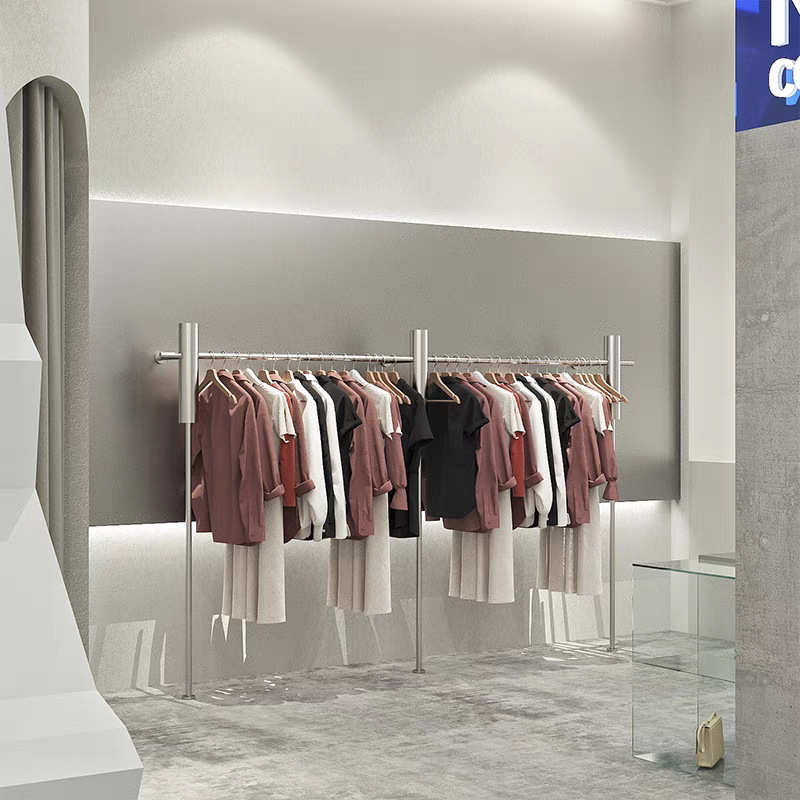不锈钢服装店展示架上墙水波纹挂衣杆女装店方管陈列架直播间货架