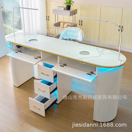 跨境美甲修甲桌单双人岩板美甲台带无线充电桌面吸尘器美甲店专用