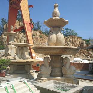 流水欧式 饰摆件花盆石盘 喷泉黄锈石户外石雕水钵大型水景观庭院装