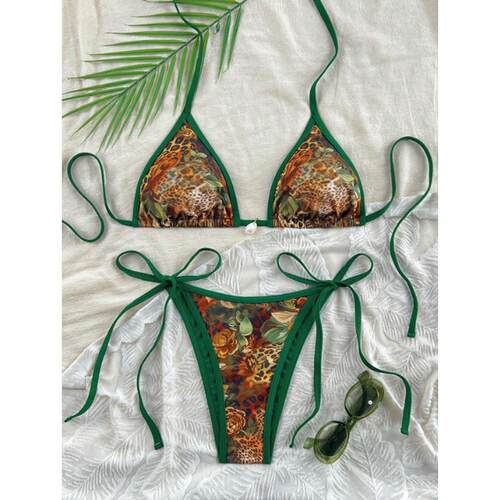 New Leopard Print Halter Bikini Set, Shell Pendant, Women'S