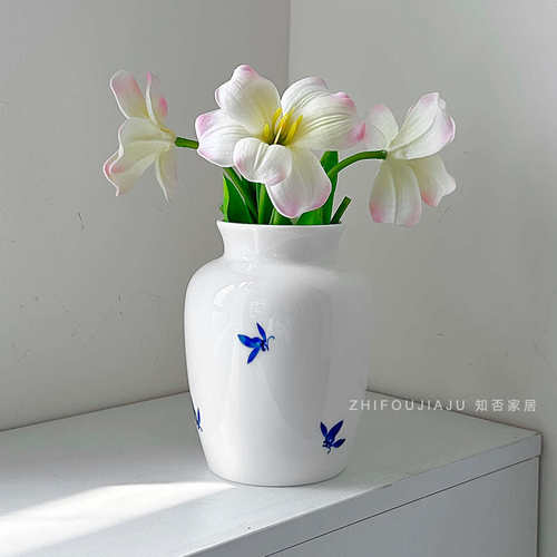 手绘蝴蝶兰花陶瓷花瓶 高品质摆件客厅插花ins 侘寂风装饰批发