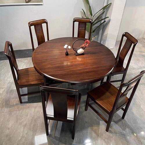 餐桌乌木色实木桌餐桌椅伸缩饭金方LY-301餐圆组合两用中式户型折