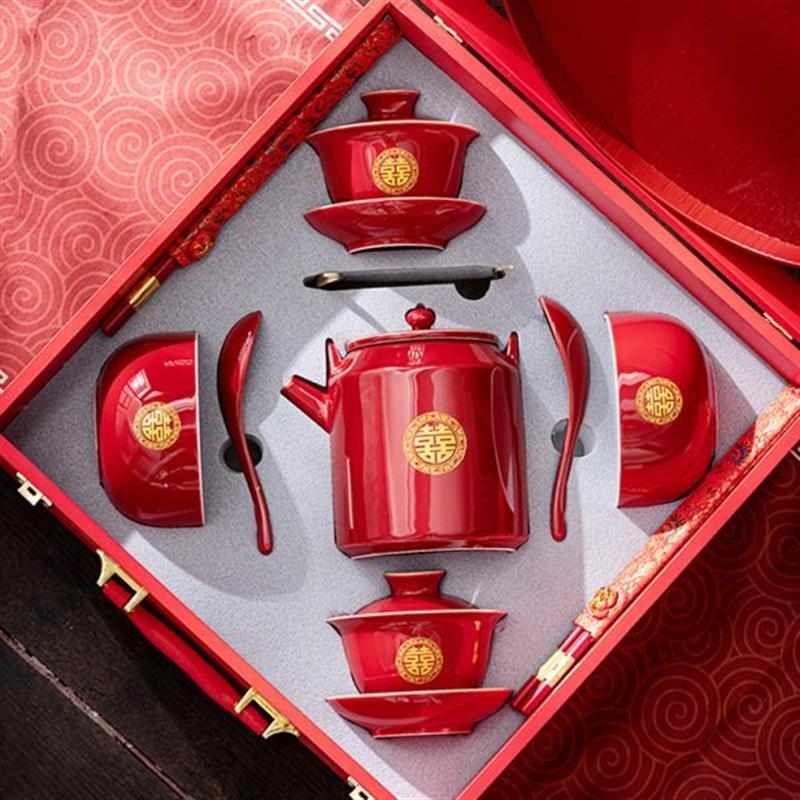 结婚礼物改口敬茶杯红色喜碗筷子茶壶碗筷套装婚庆陪嫁子孙碗礼品