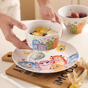 ins风多巴胺可爱小怪兽儿童餐具米饭碗汤碗餐盘套装厨房私厨食欲