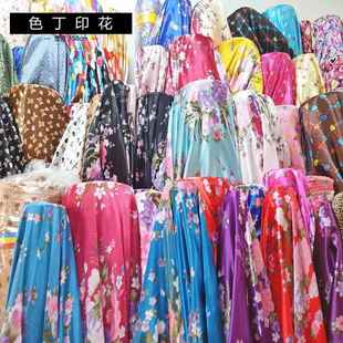 现货大花印花色丁面料绸缎丝绸旗袍服装 里布内衬面料头饰飘带布料