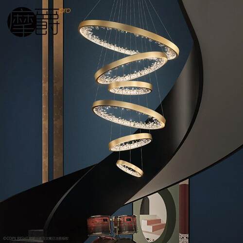 灯轻奢楼梯意式圆环客厅灯别墅挑高灯复式楼大吊灯酒店大堂水晶