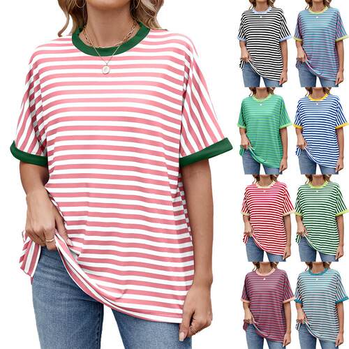Womens Striped Oversize T-Shirt Casual Half Sleeve Color