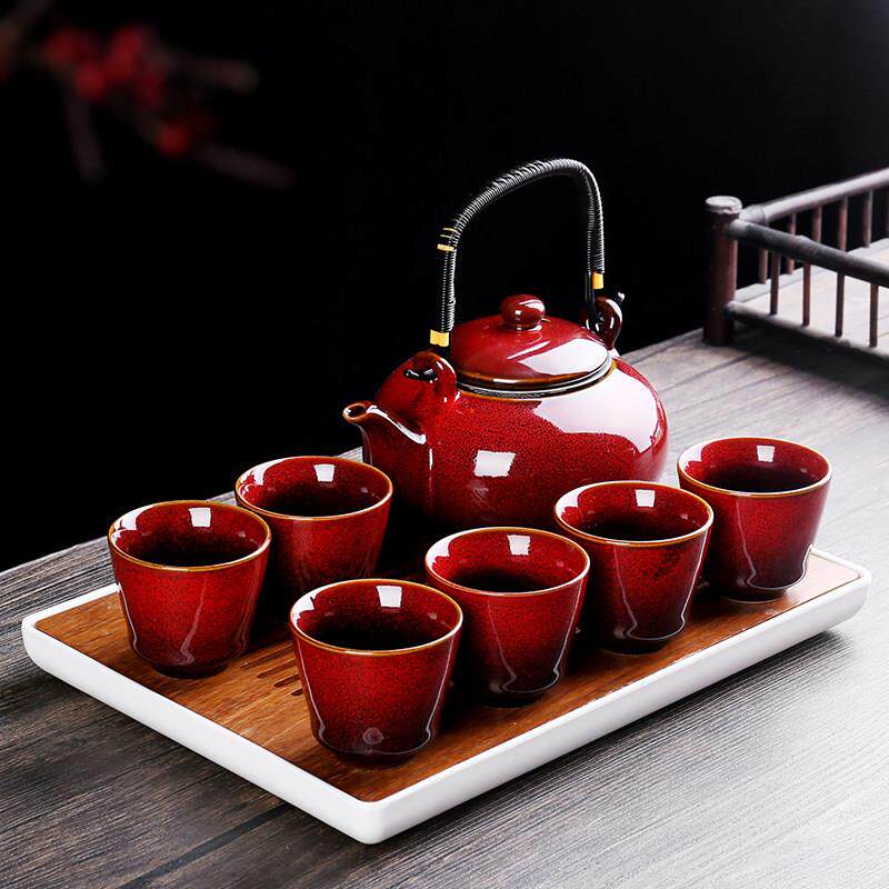 色釉茶具套装家用泡茶壶茶水杯简约客厅办公大容量陶瓷窑变提梁壶