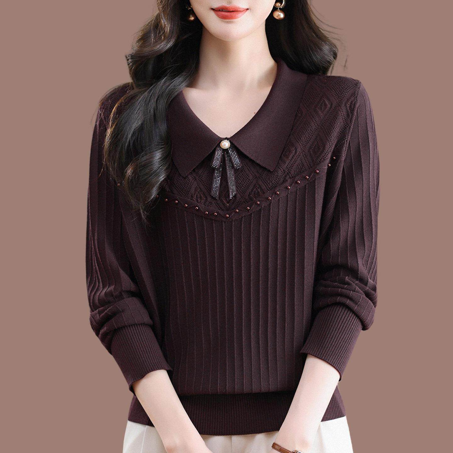 桑蚕丝翻领长袖t恤女上衣2026春季新款宽松减龄中老年妈妈针织衫