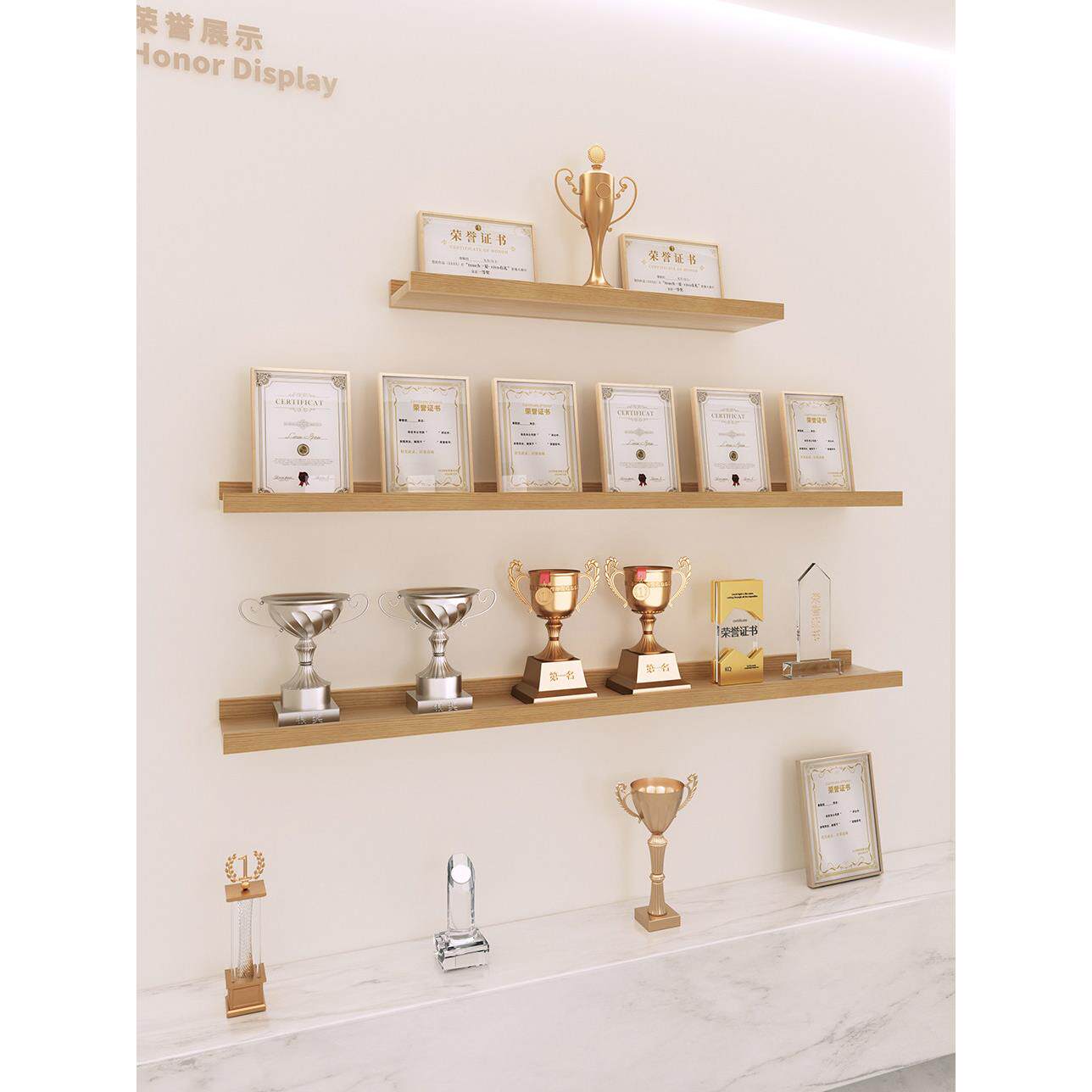 实木荣誉墙、陈列墙、架子、奖杯、奖章、公司证书、直板隔断样品