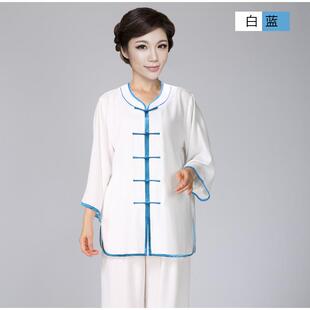 正品夏季太极棉加丝中棉袖女中老年圆领练功服男款麻短太极服拳袖