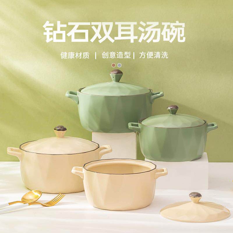 轻奢双耳汤碗大号家用2022新款网红餐具日式泡面碗陶瓷带盖拉面碗