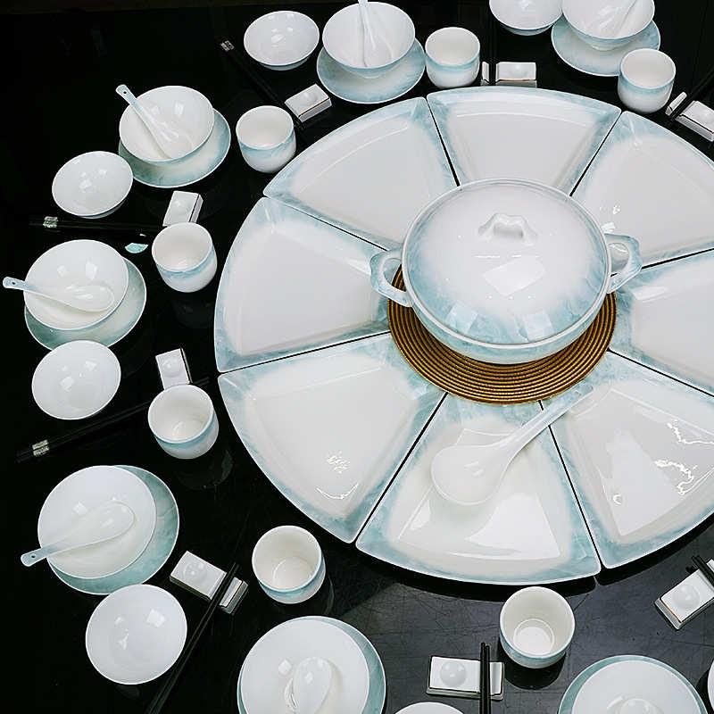 釉下彩骨瓷拼盘套装组合家用餐具套装景德镇陶瓷饭碗团圆扇形拼盘