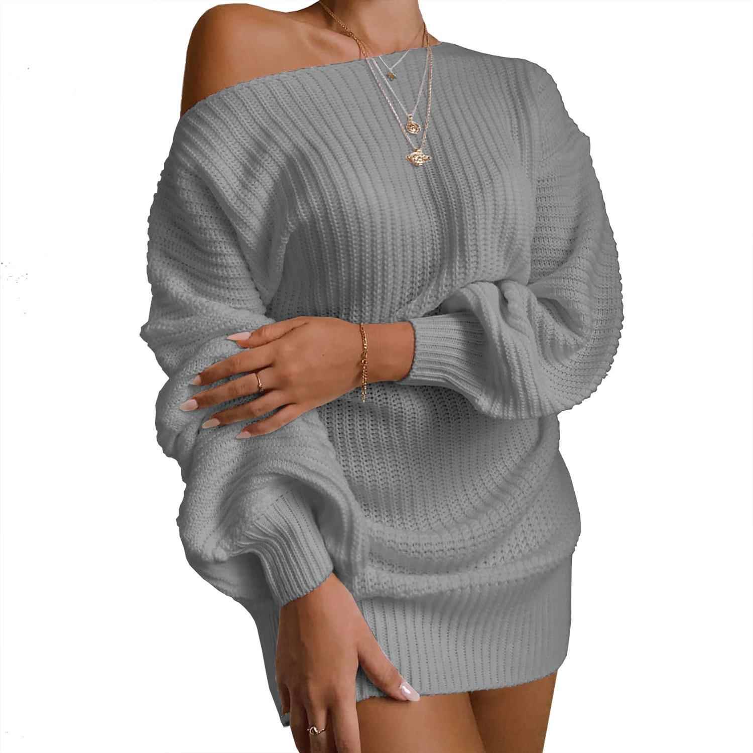 Sweater Casual Off-shoulder Lantern Sleeve Knitted Dress