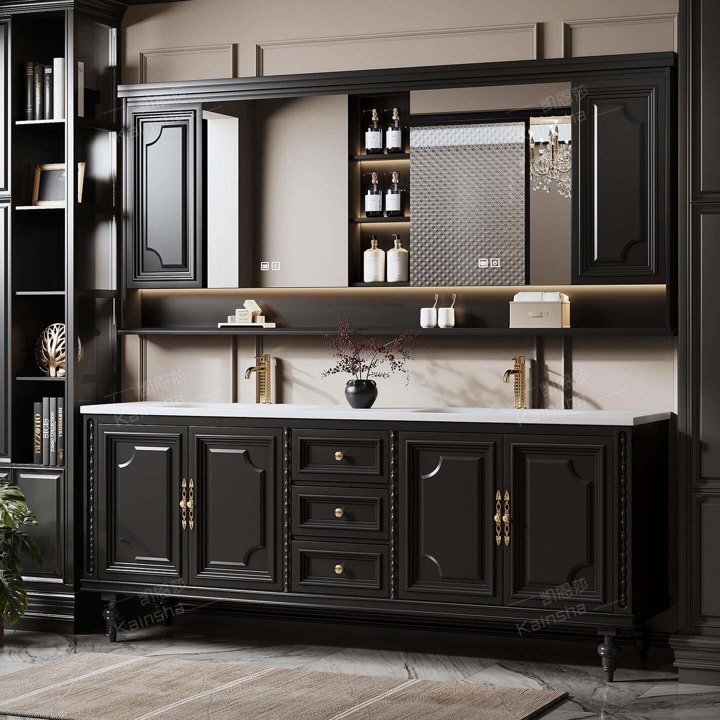 大尺寸橡木落地式法式复古浴室柜组合卫生间洗漱台洗手盆柜双盆柜