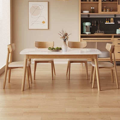原木色岩板餐桌现代简约家用小户型吃饭桌子奶油风长方形餐桌椅