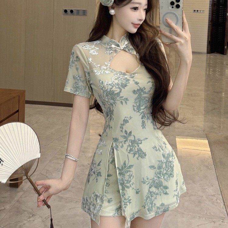 新中式旗袍技师工作服短款两件套开叉植绒遮肚气质养生采耳师服装