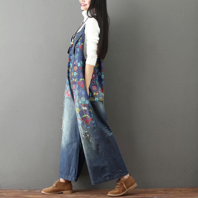 wandering womens overalls leg wide holes white worn jeans