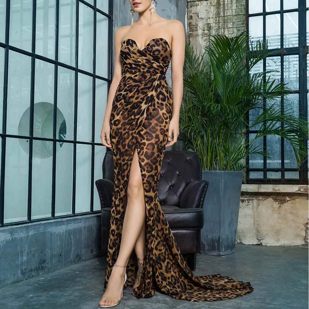 Maxi Brown Print Chiffon Leopard Strapless Floor-Mounting
