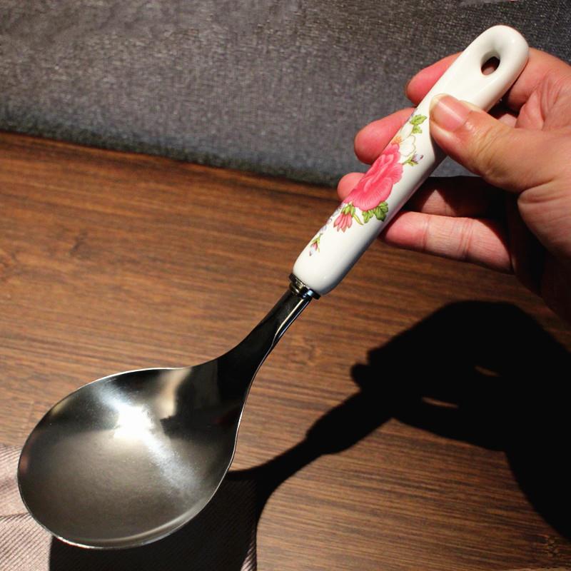 陶瓷柄不锈钢大汤勺家用盛饭勺短柄粥勺韩式厨具餐具料理烹饪铲勺