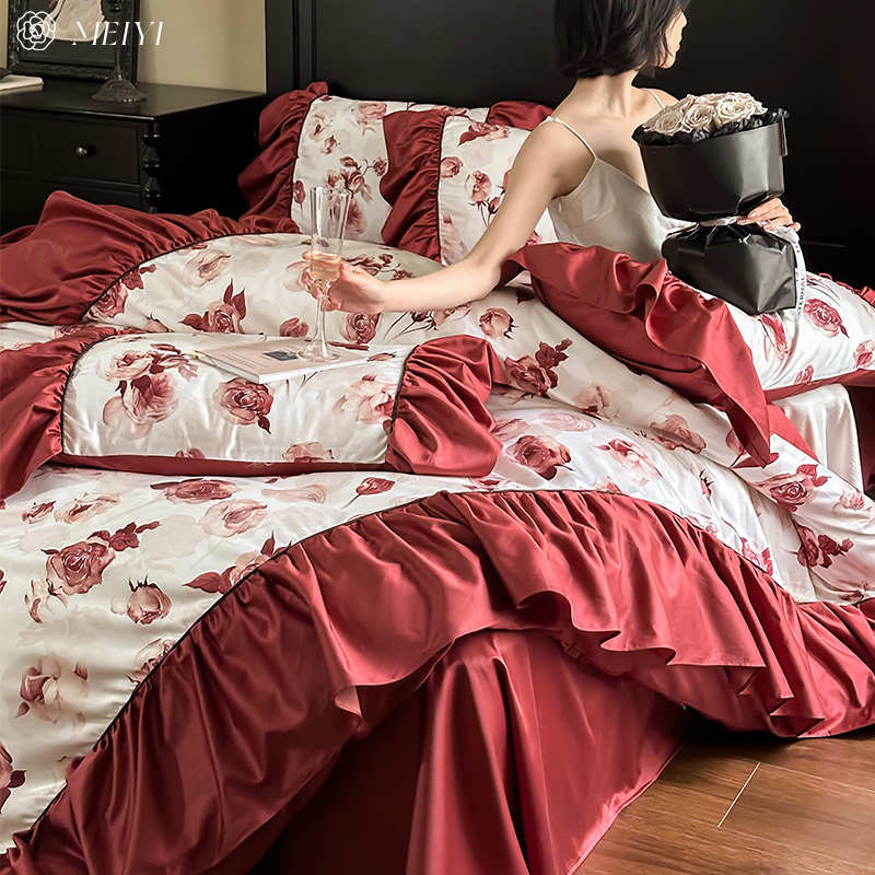 新婚100S天丝长绒棉床单四件套床笠款婚房被套罩结婚喜庆浪漫床品