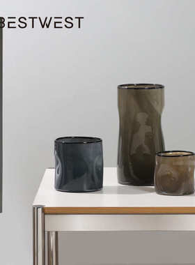 筒绿色茶现代干花简约玻璃高级家居轻博直家居奢摆件 插西 花瓶感