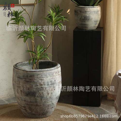 复古灰色创意纹理花盆室内客厅绿植盆酒店商场装饰庭院落地大花盆
