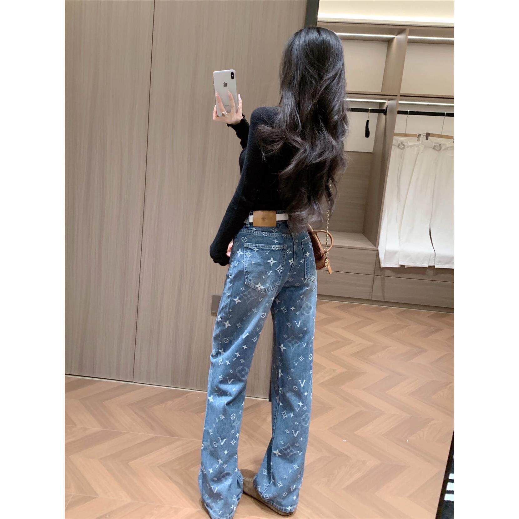 隅见丨印花高腰直筒牛仔裤女2026春秋新款高级感宽松显瘦拖地长裤