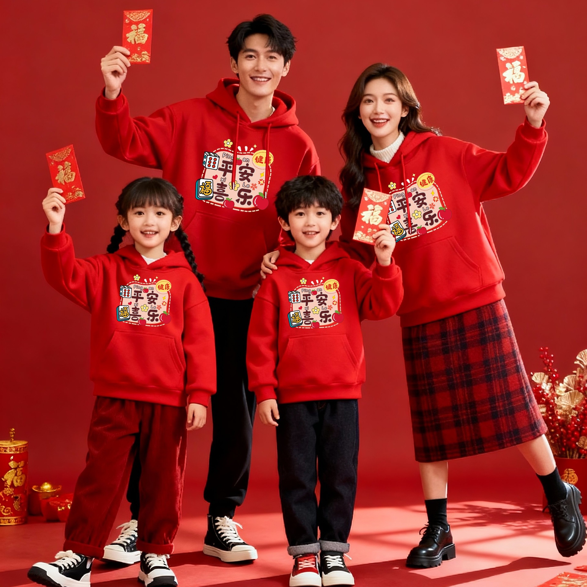 新年亲子装红色秋冬装一家三口四口喜庆卫衣连帽母女母子全家装潮
